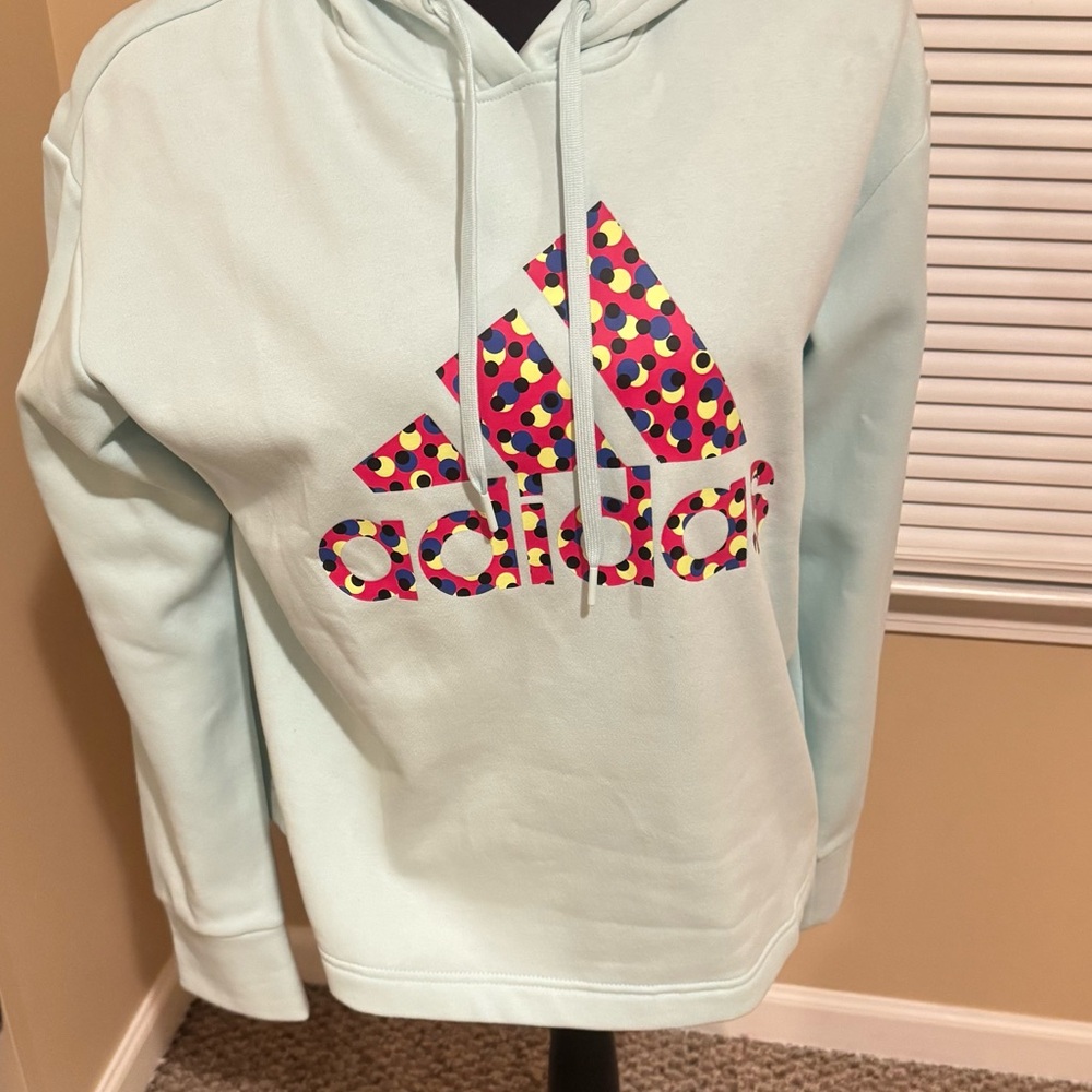 Adidas Light Blue Hoodie with Multicolor Logo